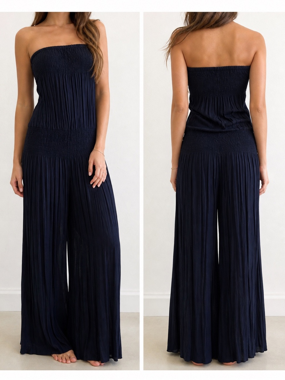 Indah Black Strapless Smocked Jumpsuit